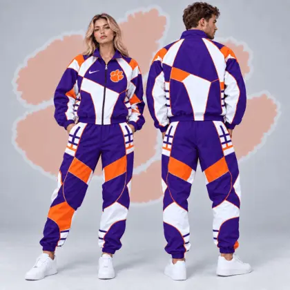 Clemson Tigers | Premium NCAA Apex Geometric Colorblock Full Zip Track Jacket And Jogger Pants Set NDN