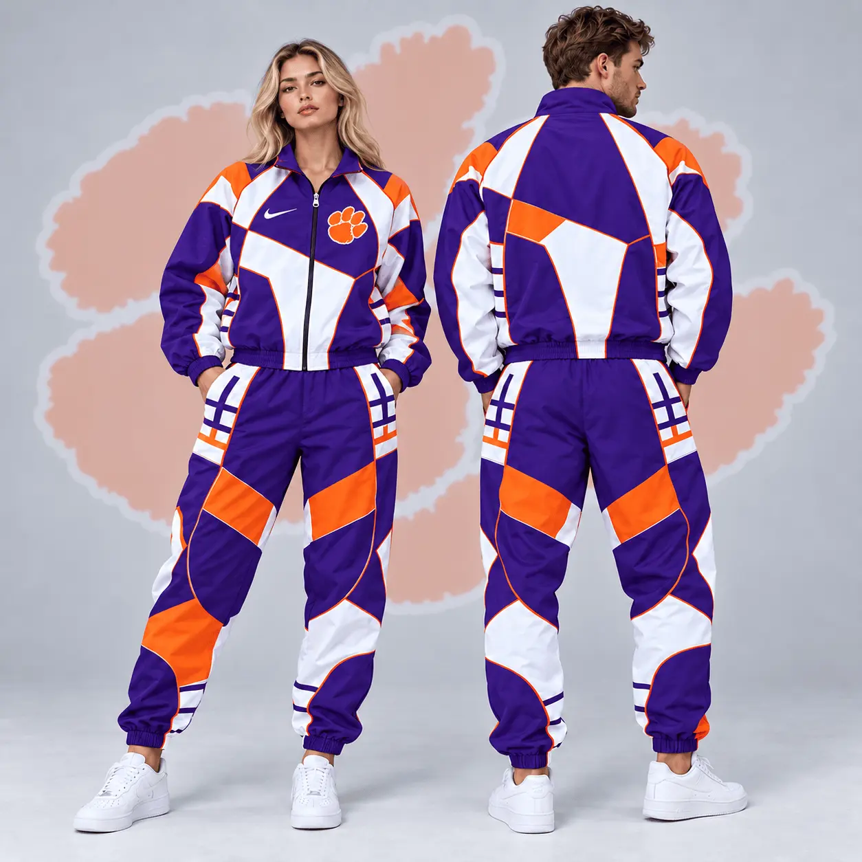 Clemson Tigers | Premium NCAA Apex Geometric Colorblock Full Zip Track Jacket And Jogger Pants Set NDN