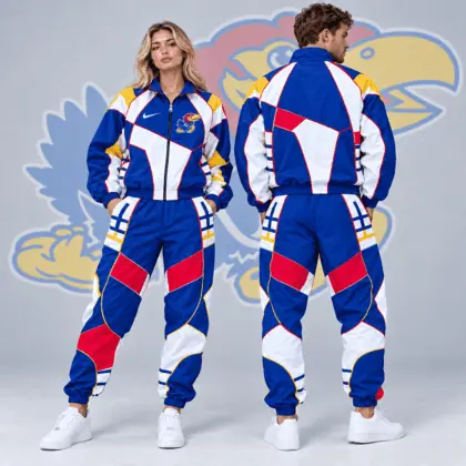 Kansas Jayhawks | Premium NCAA Apex Geometric Colorblock Full Zip Track Jacket And Jogger Pants Set NDN