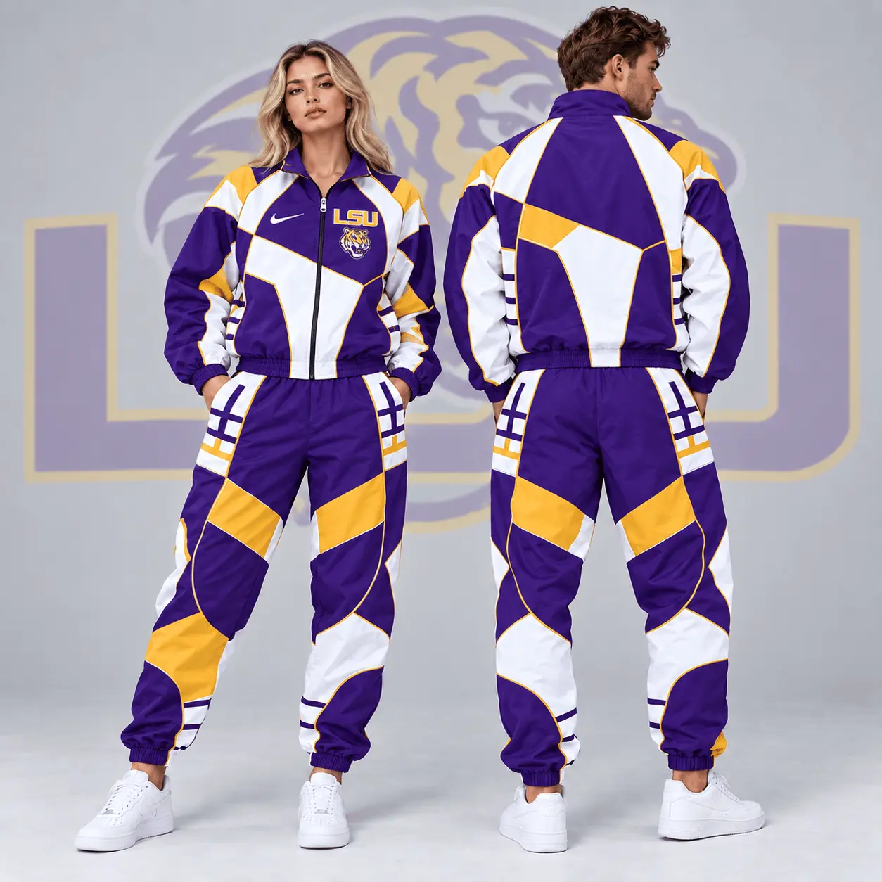 Lsu Tigers | Premium NCAA Apex Geometric Colorblock Full Zip Track Jacket And Jogger Pants Set NDN
