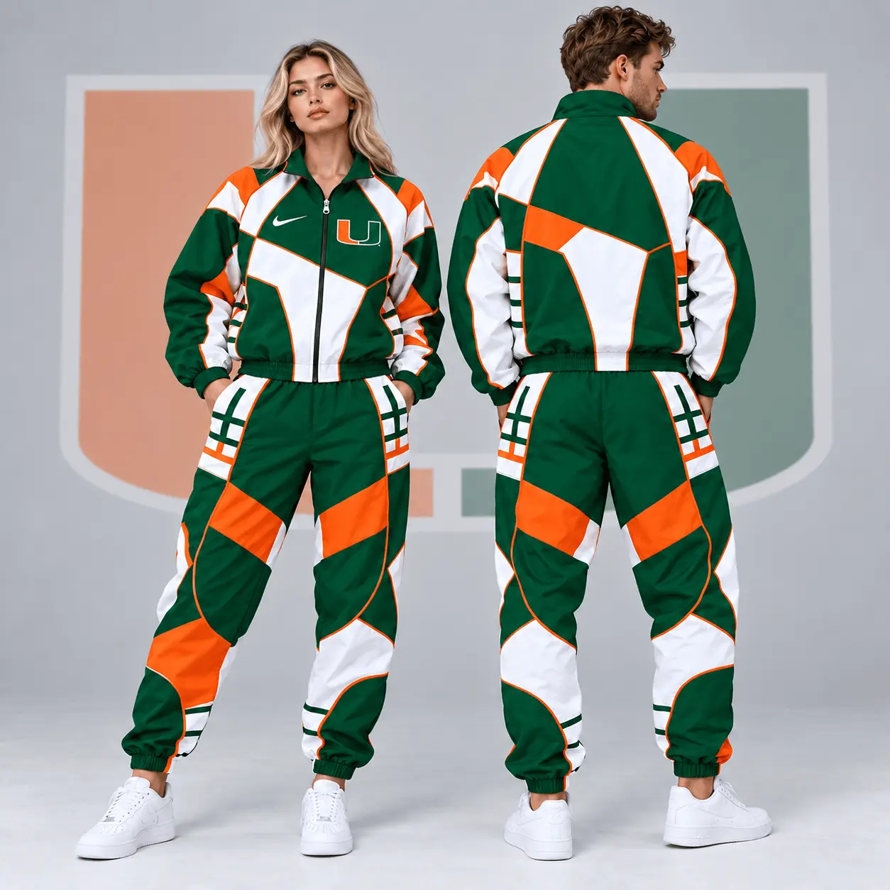 Miami Hurricanes | Premium NCAA Apex Geometric Colorblock Full Zip Track Jacket And Jogger Pants Set NDN