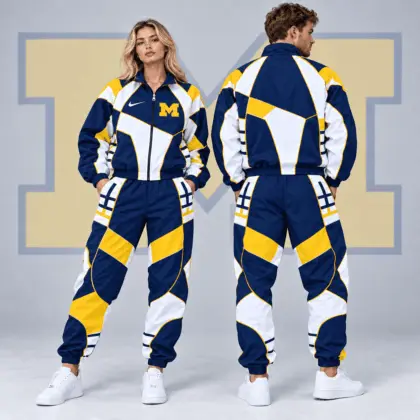 Michigan Wolverines | Premium NCAA Apex Geometric Colorblock Full Zip Track Jacket And Jogger Pants Set NDN