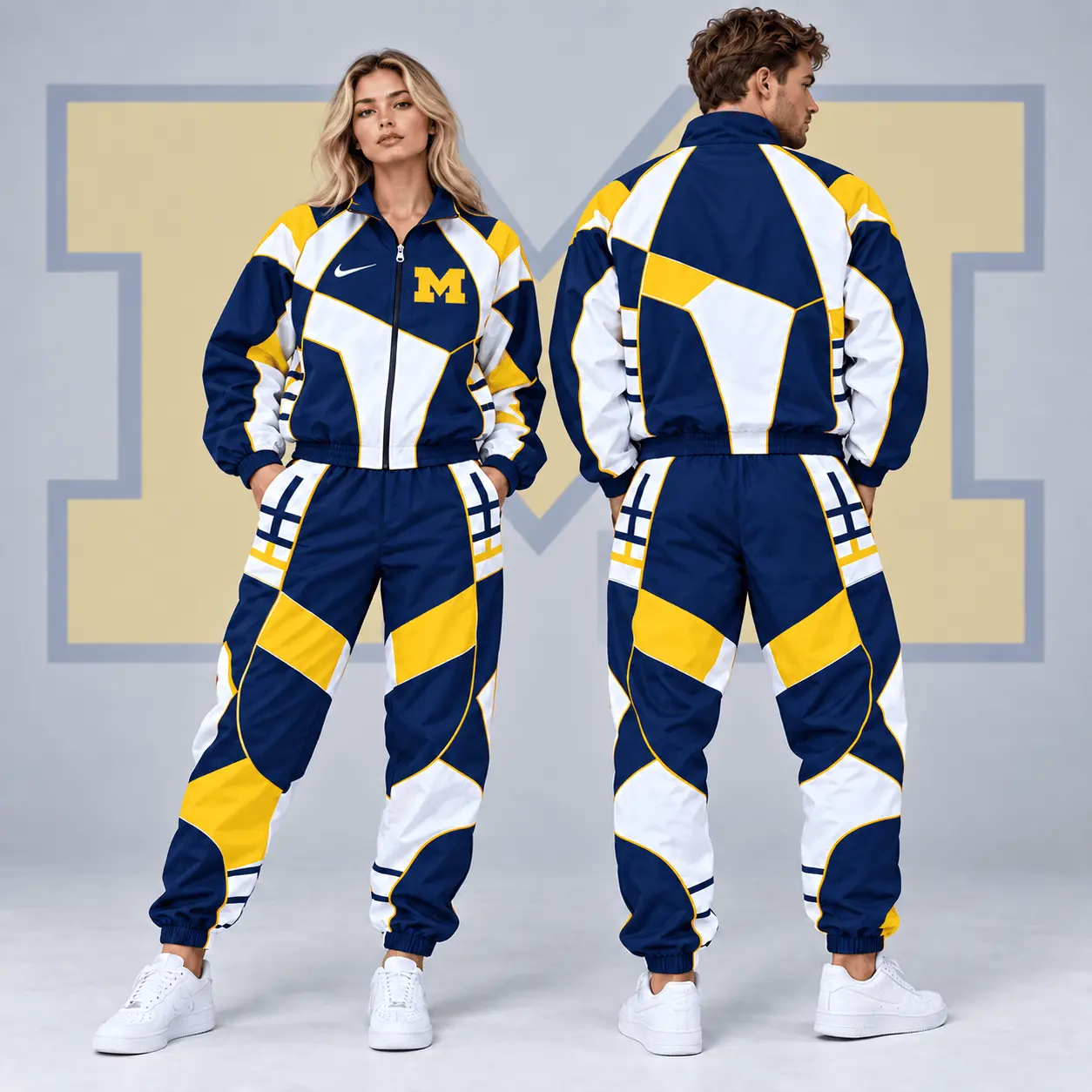Michigan Wolverines | Premium NCAA Apex Geometric Colorblock Full Zip Track Jacket And Jogger Pants Set NDN