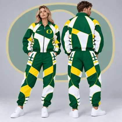 Oregon Ducks | Premium NCAA Apex Geometric Colorblock Full Zip Track Jacket And Jogger Pants Set NDN