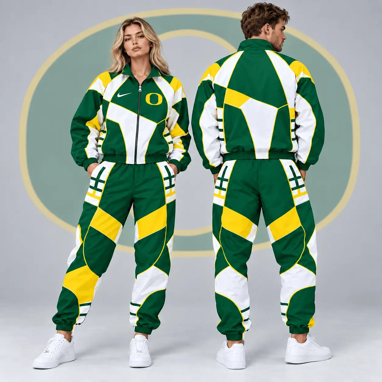 Oregon Ducks | Premium NCAA Apex Geometric Colorblock Full Zip Track Jacket And Jogger Pants Set NDN