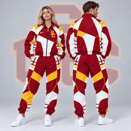 Usc Trojans | Premium NCAA Apex Geometric Colorblock Full Zip Track Jacket And Jogger Pants Set NDN