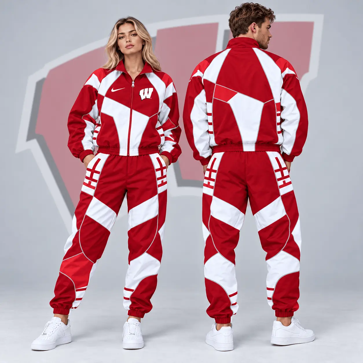 Wisconsin Badgers | Premium NCAA Apex Geometric Colorblock Full Zip Track Jacket And Jogger Pants Set NDN