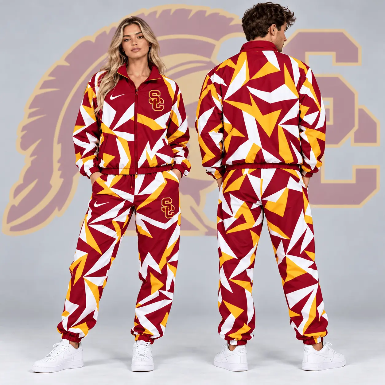 Usc Trojans | Premium NCAA Shattered Prism All Over Print Full Zip Track Jacket And Jogger Pants Set NDN