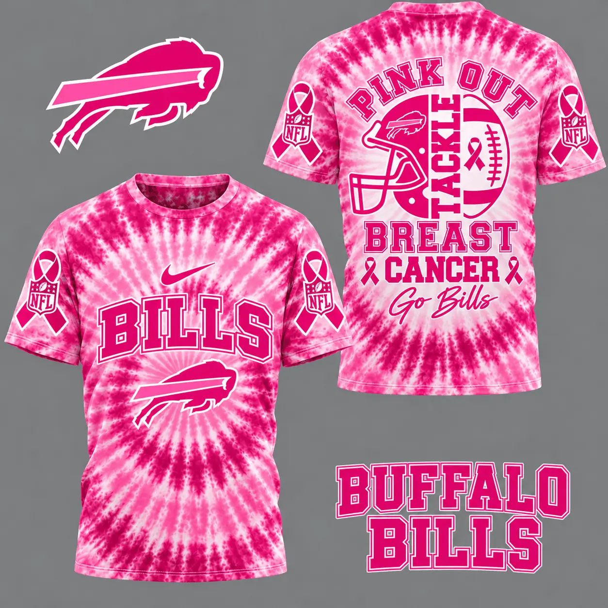 Buffalo Bills | Premium NFL Tackle Breast Cancer Pink Tie-Dye T-Shirt TD