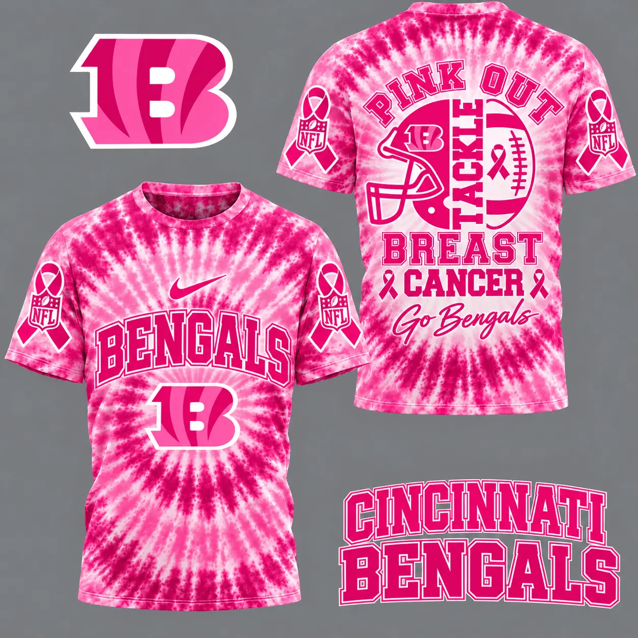 Cincinnati Bengals | Premium NFL Tackle Breast Cancer Pink Tie-Dye T-Shirt TD