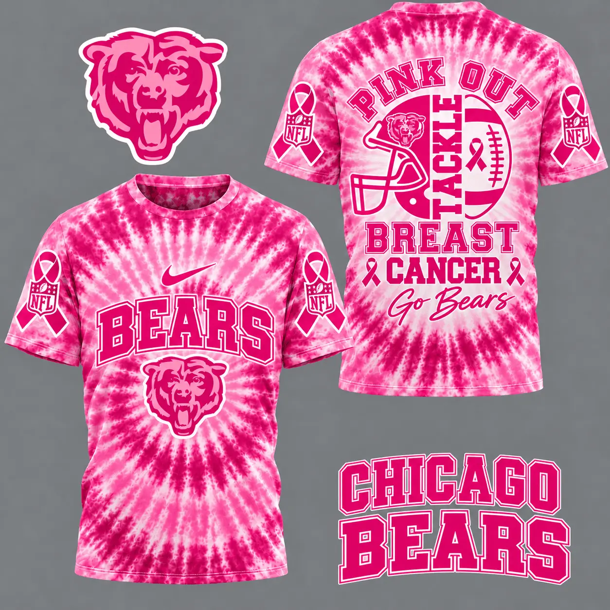 Chicago Bears | Premium NFL Tackle Breast Cancer Pink Tie-Dye T-Shirt TD