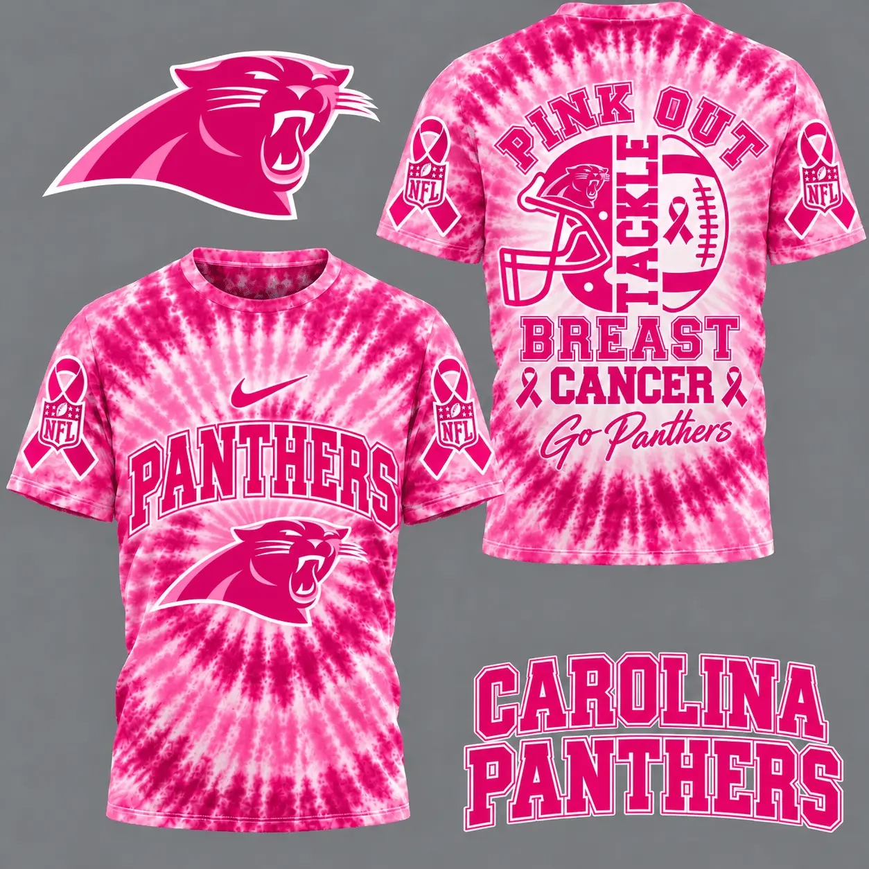 Carolina Panthers | Premium NFL Tackle Breast Cancer Pink Tie-Dye T-Shirt TD