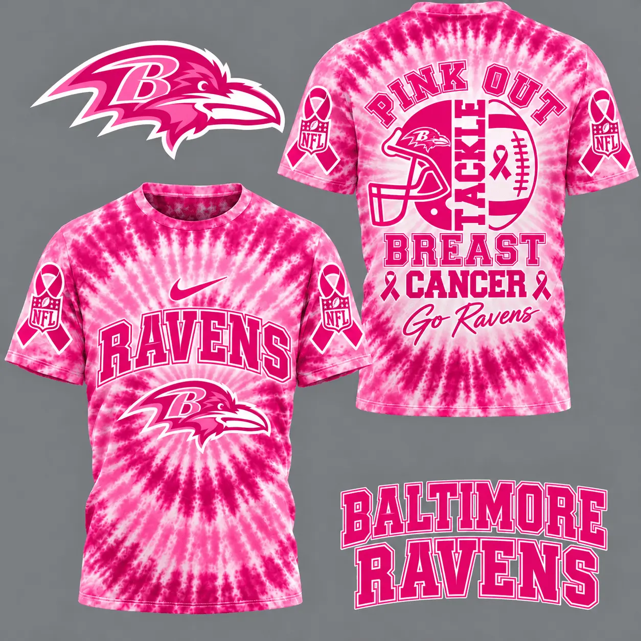 Baltimore Ravens | Premium NFL Tackle Breast Cancer Pink Tie-Dye T-Shirt TD