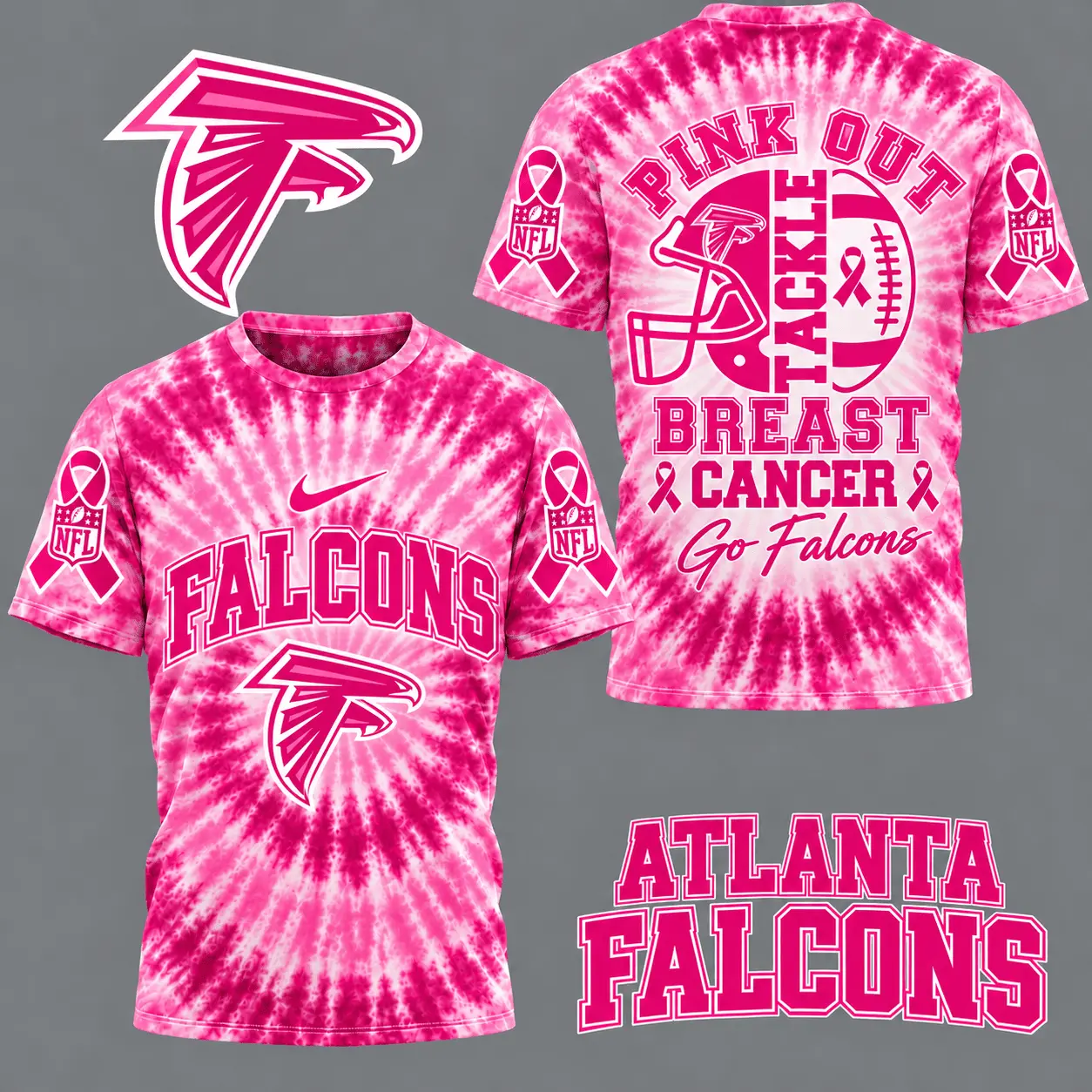 Atlanta Falcons | Premium NFL Tackle Breast Cancer Pink Tie-Dye T-Shirt TD