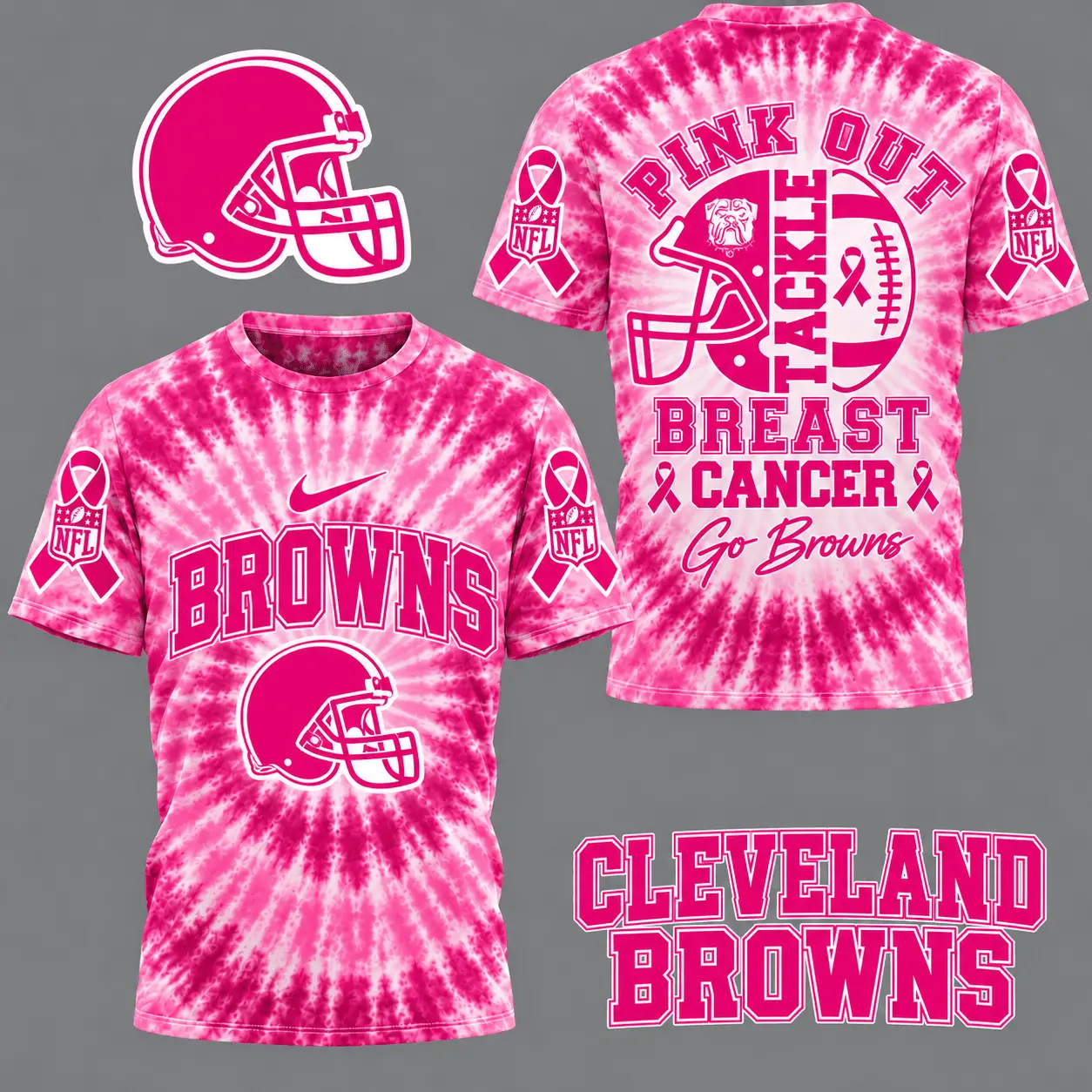 Cleveland Browns | Premium NFL Tackle Breast Cancer Pink Tie-Dye T-Shirt TD