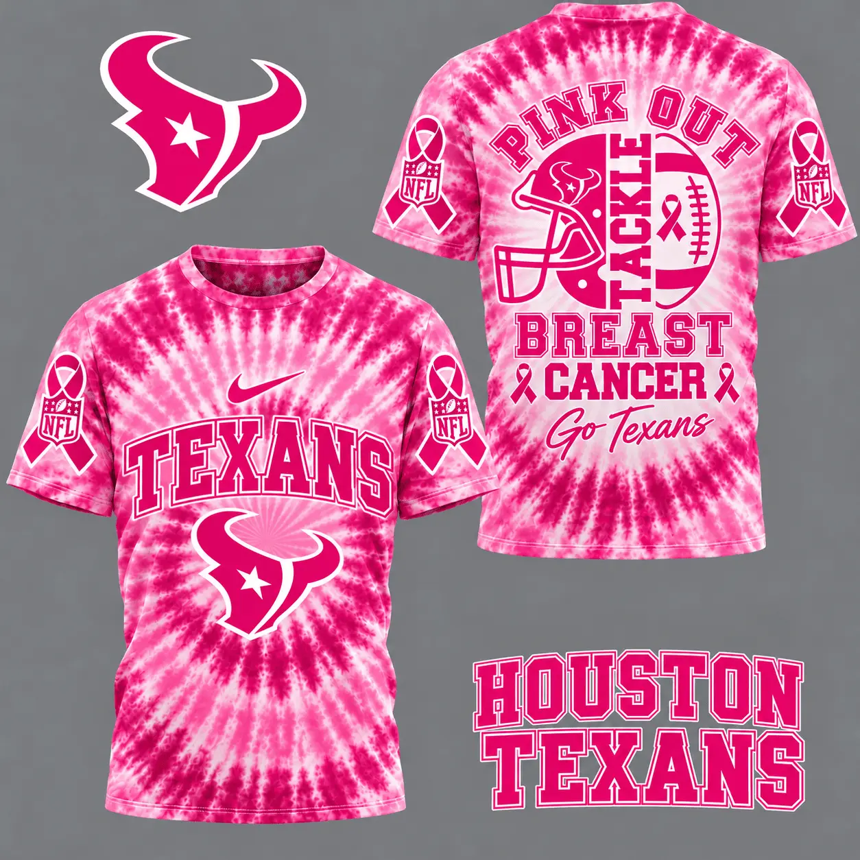 Houston Texans | Premium NFL Tackle Breast Cancer Pink Tie-Dye T-Shirt TD