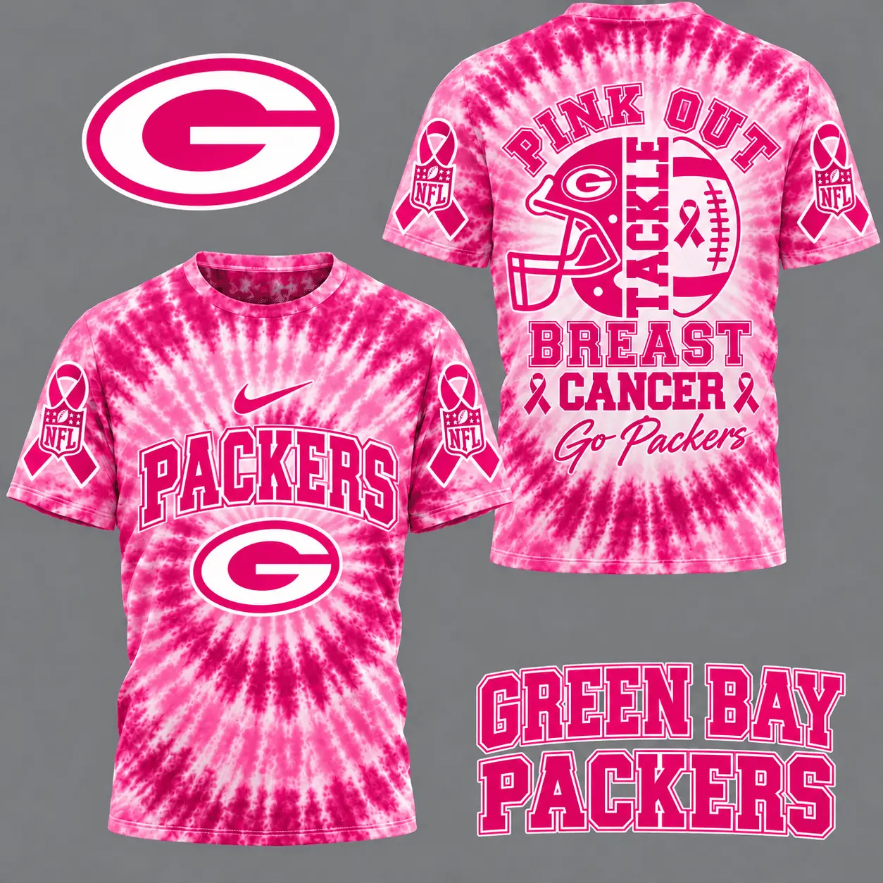 Green Bay Packers | Premium NFL Tackle Breast Cancer Pink Tie-Dye T-Shirt TD