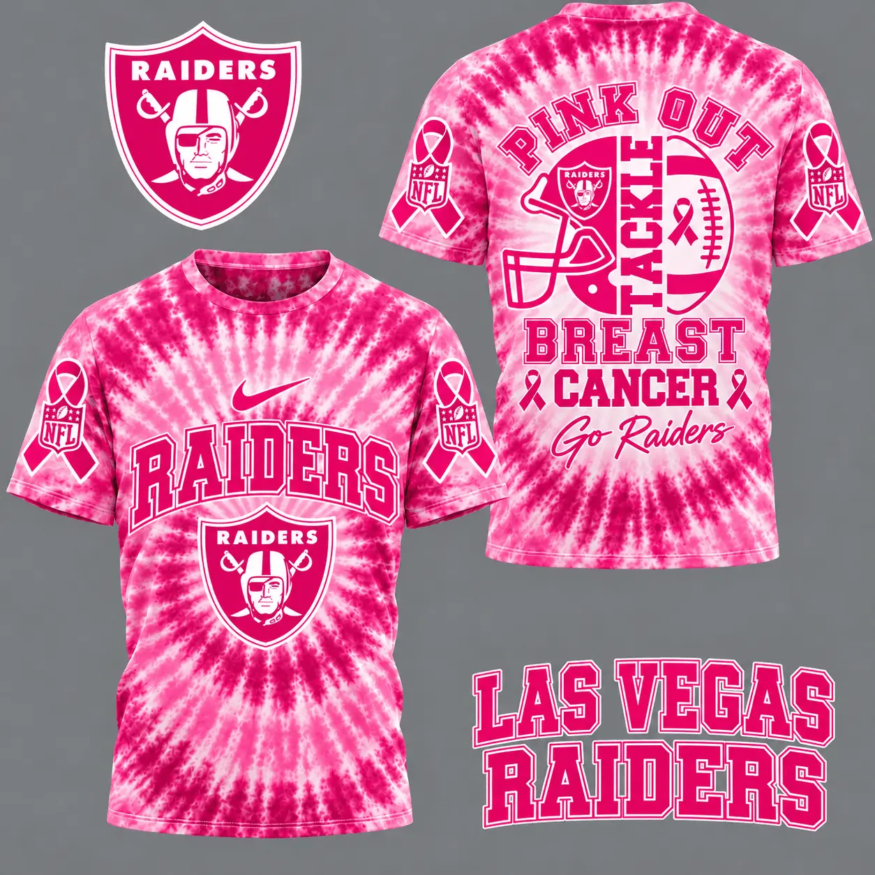 Las Vegas Raiders | Premium NFL Tackle Breast Cancer Pink Tie-Dye T-Shirt TD