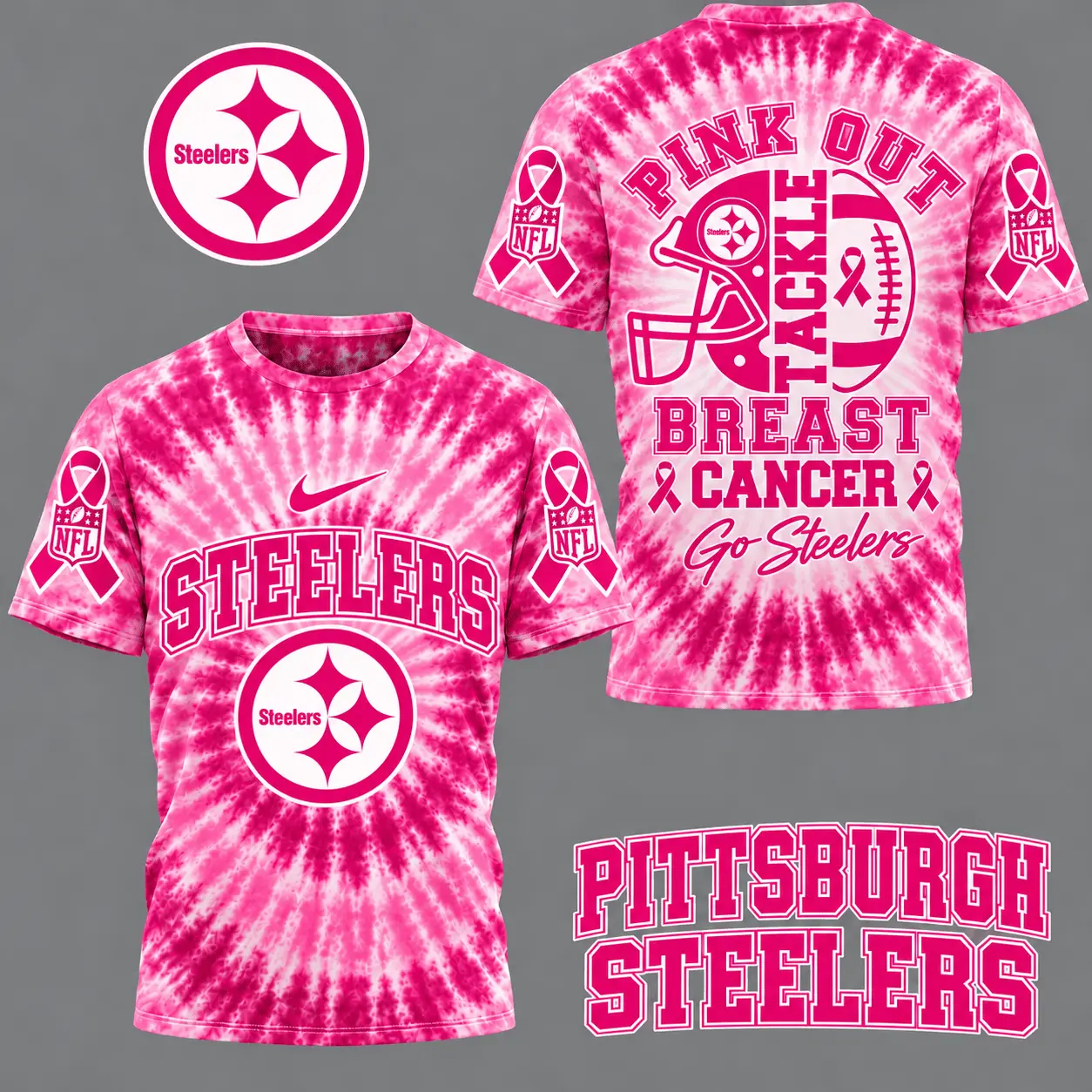 Pittsburgh Steelers | Premium NFL Tackle Breast Cancer Pink Tie-Dye T-Shirt TD