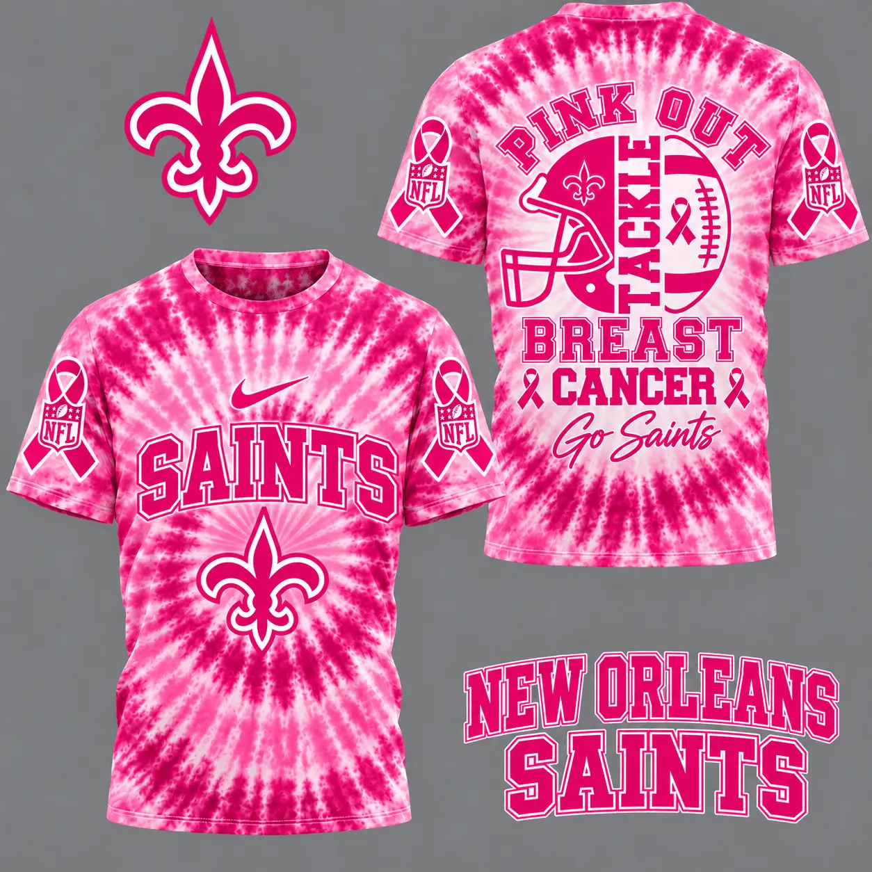 New Orleans Saints | Premium NFL Tackle Breast Cancer Pink Tie-Dye T-Shirt TD