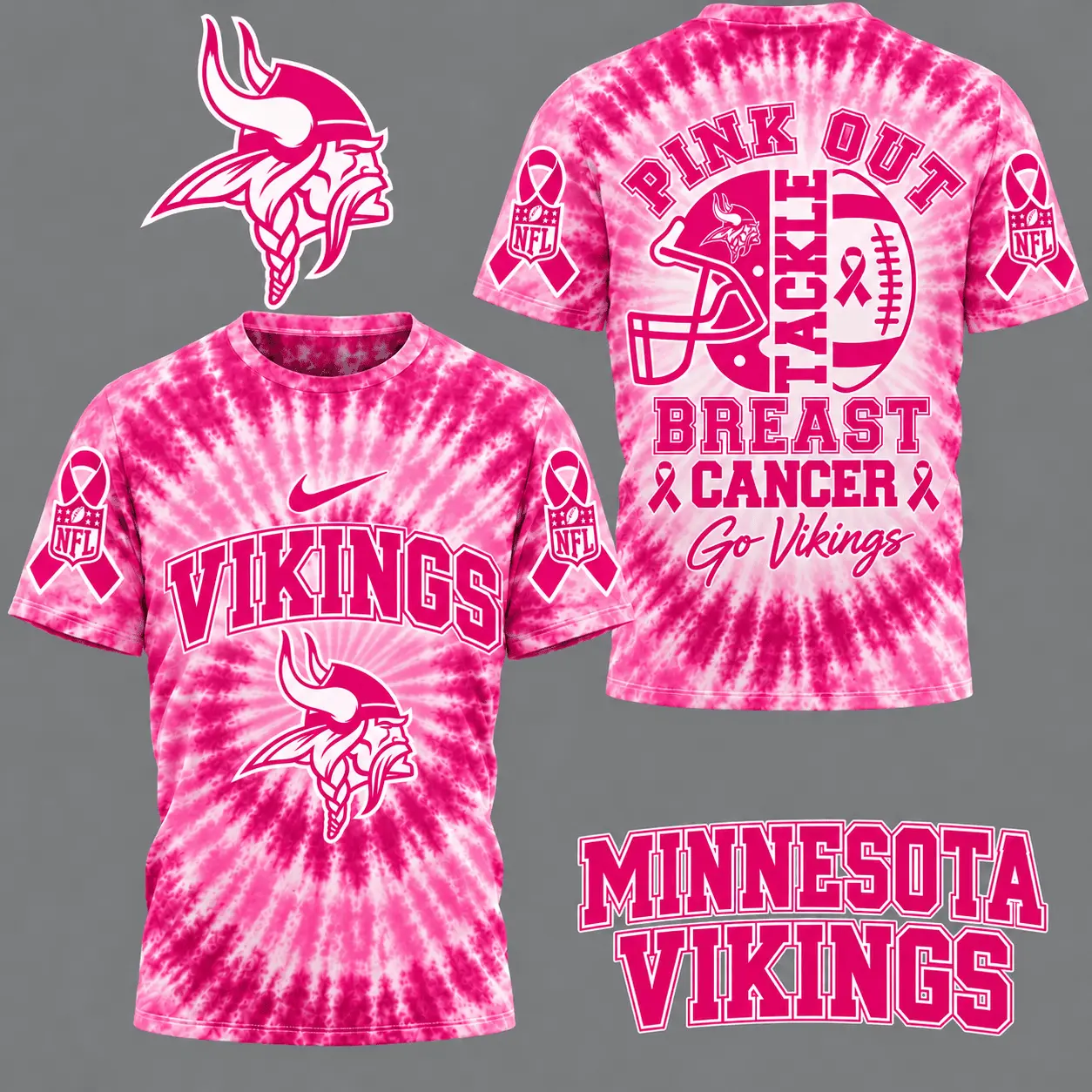 Minnesota Vikings | Premium NFL Tackle Breast Cancer Pink Tie-Dye T-Shirt TD