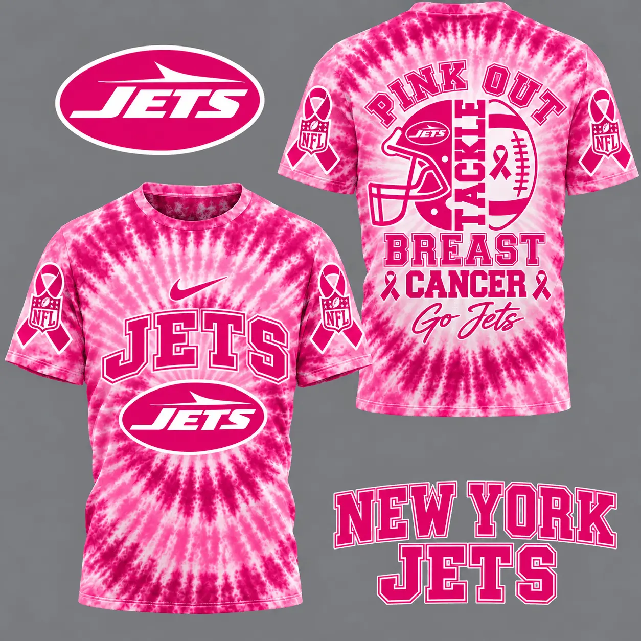 New York Jets | Premium NFL Tackle Breast Cancer Pink Tie-Dye T-Shirt TD