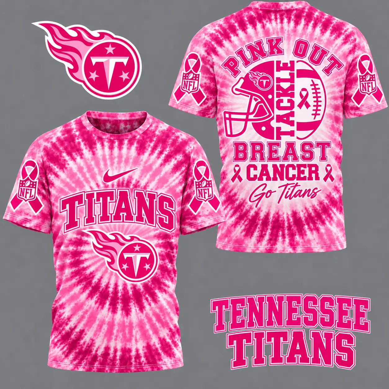 Tennessee Titans | Premium NFL Tackle Breast Cancer Pink Tie-Dye T-Shirt TD