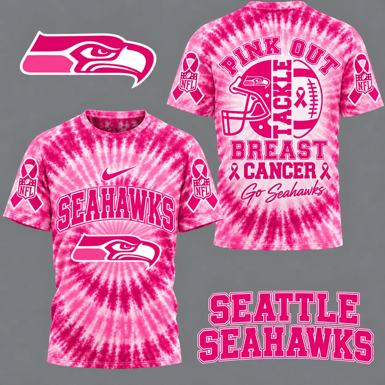 Seattle Seahawks | Premium NFL Tackle Breast Cancer Pink Tie-Dye T-Shirt TD