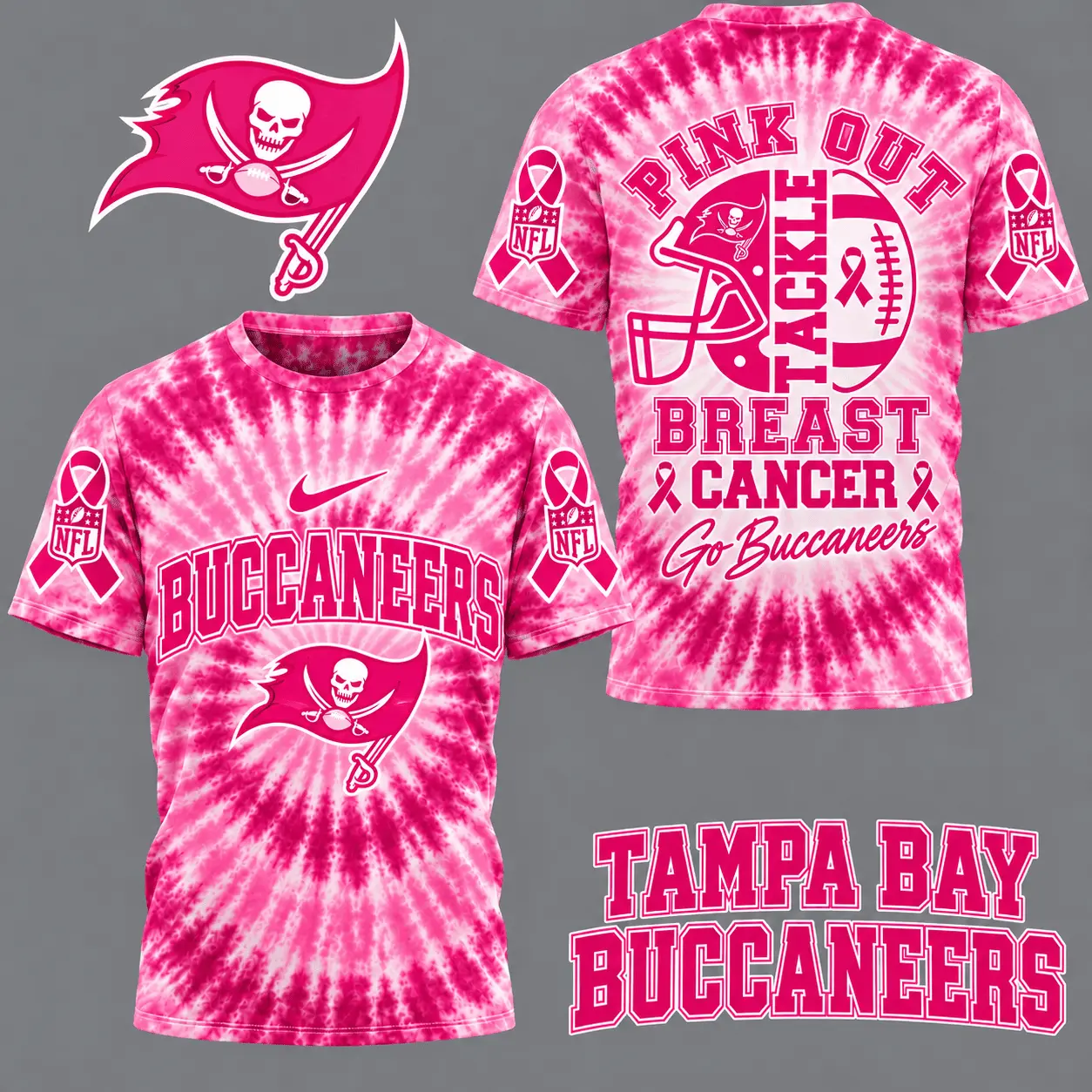 Tampa Bay Buccaneers | Premium NFL Tackle Breast Cancer Pink Tie-Dye T-Shirt TD