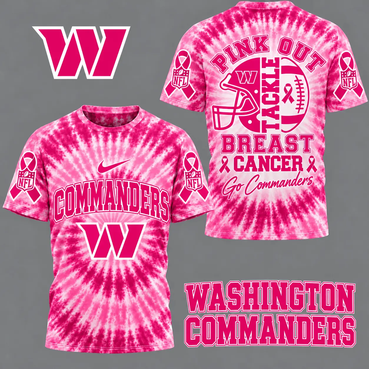 Washington Commanders | Premium NFL Tackle Breast Cancer Pink Tie-Dye T-Shirt TD
