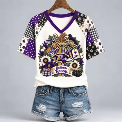 Baltimore Ravens | Premium NFL Rustic Floral Bow & Pumpkin V-Neck TD