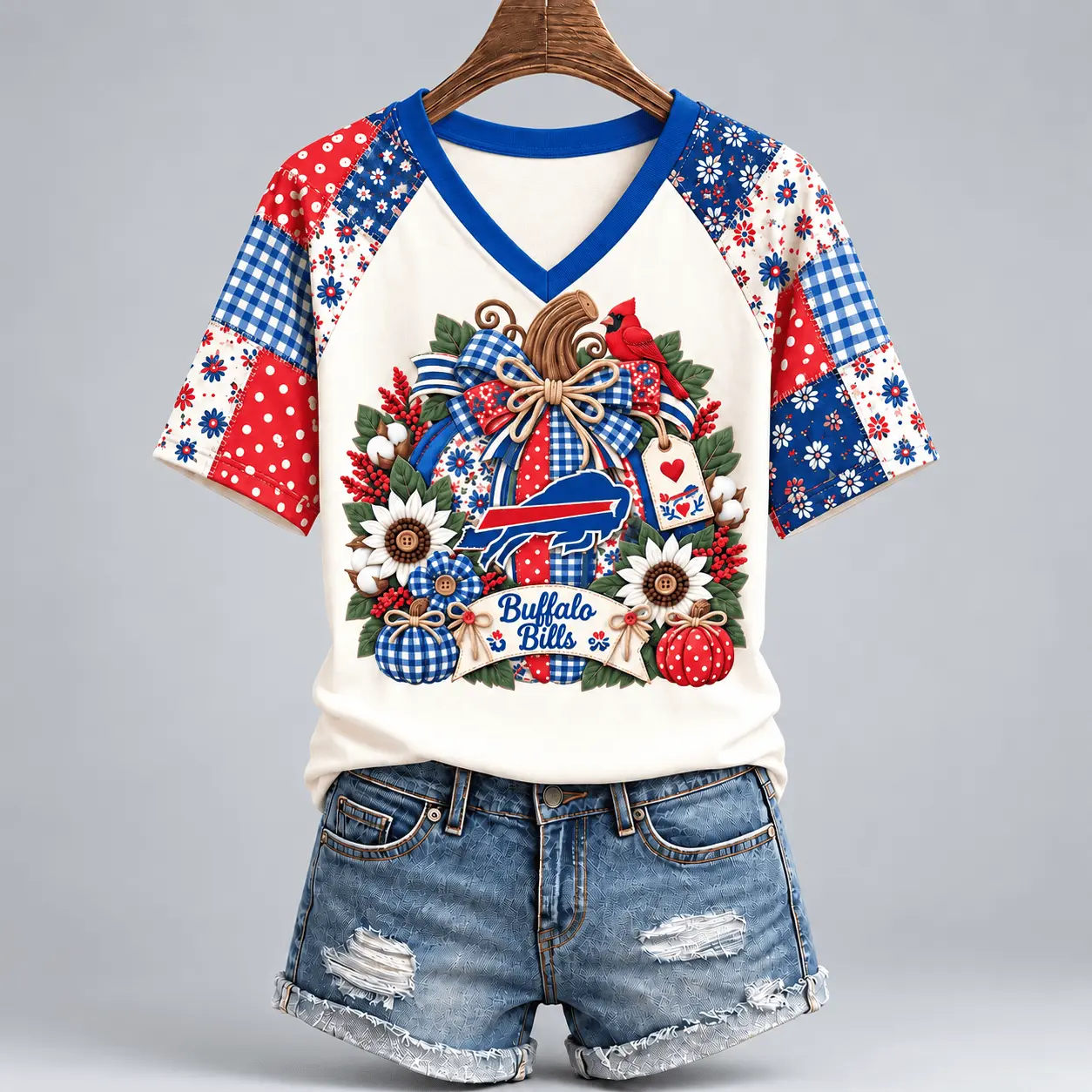 Buffalo Bills | Premium NFL Rustic Floral Bow & Pumpkin V-Neck TD