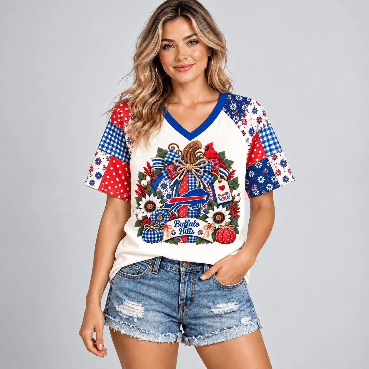 Buffalo Bills | Premium NFL Rustic Floral Bow & Pumpkin V-Neck TD - Image 2