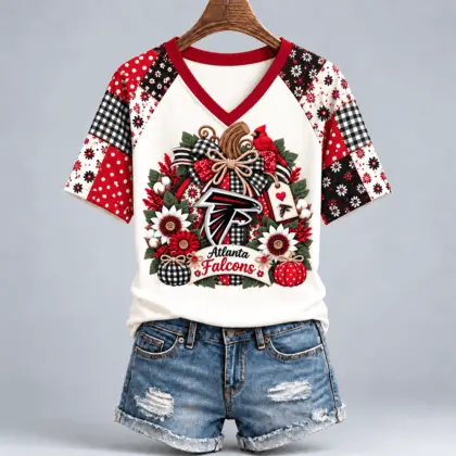 Atlanta Falcons | Premium NFL Rustic Floral Bow & Pumpkin V-Neck TD