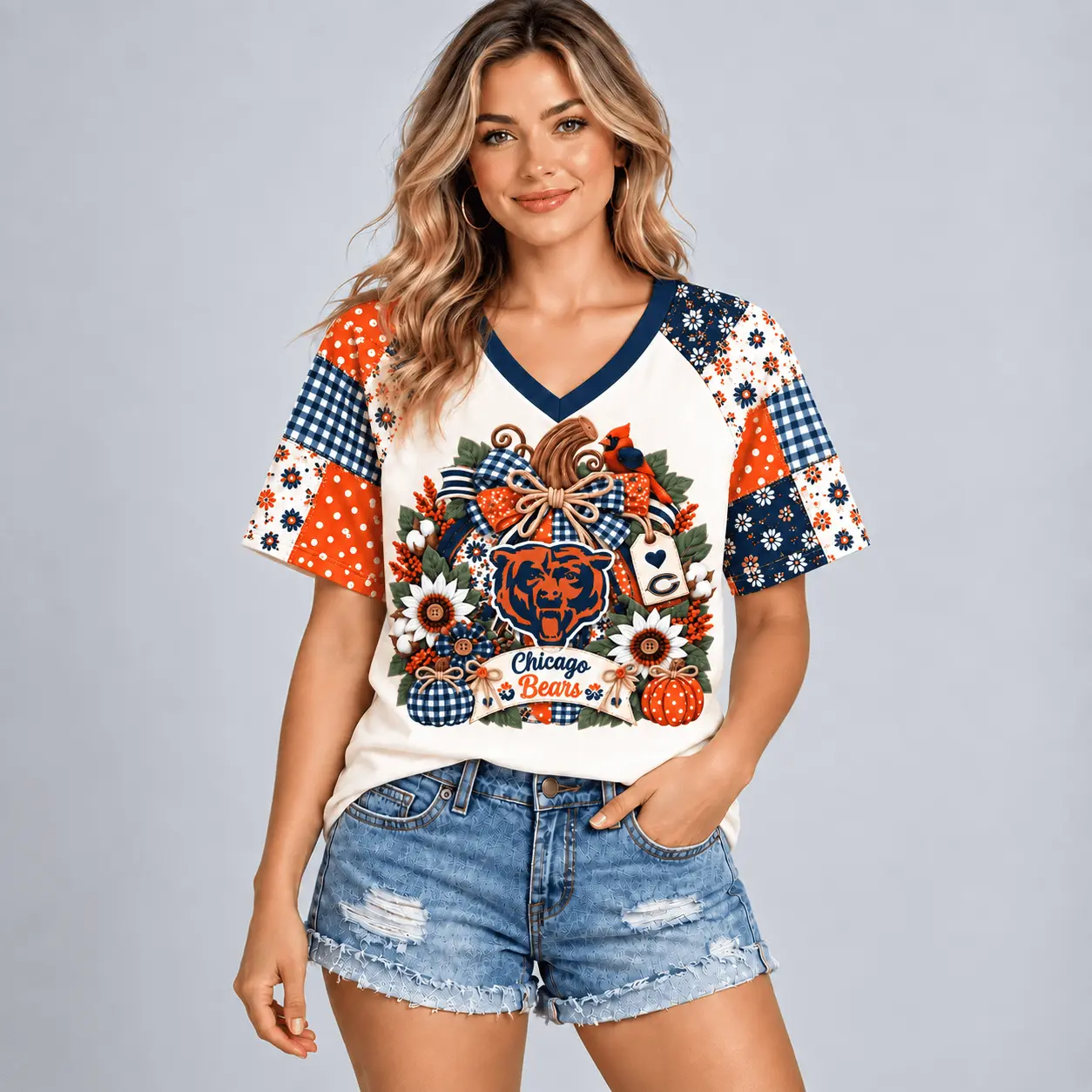 Chicago Bears | Premium NFL Rustic Floral Bow & Pumpkin V-Neck TD - Image 2