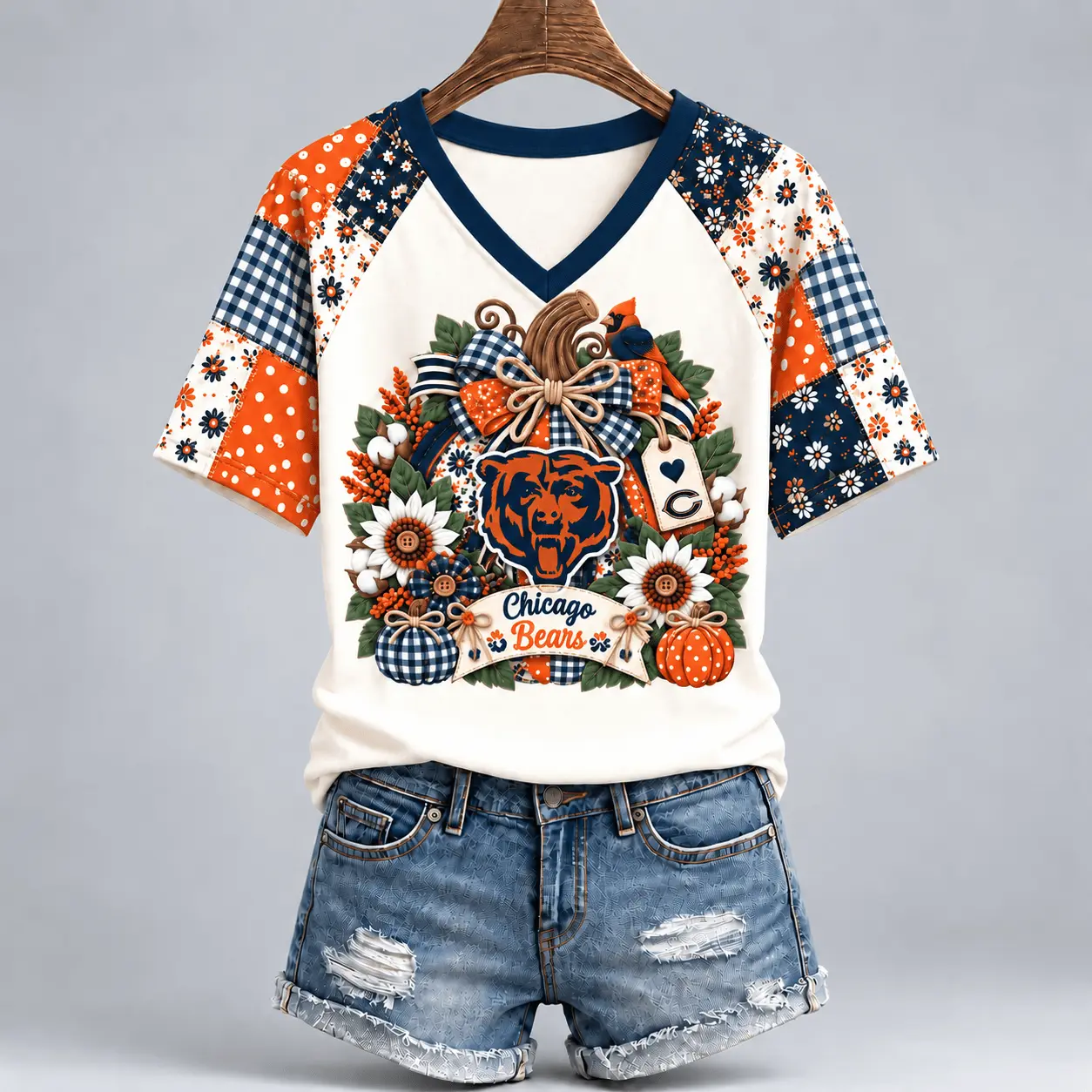 Chicago Bears | Premium NFL Rustic Floral Bow & Pumpkin V-Neck TD