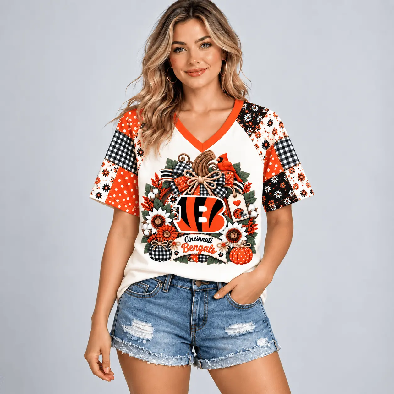 Cincinnati Bengals | Premium NFL Rustic Floral Bow & Pumpkin V-Neck TD - Image 2