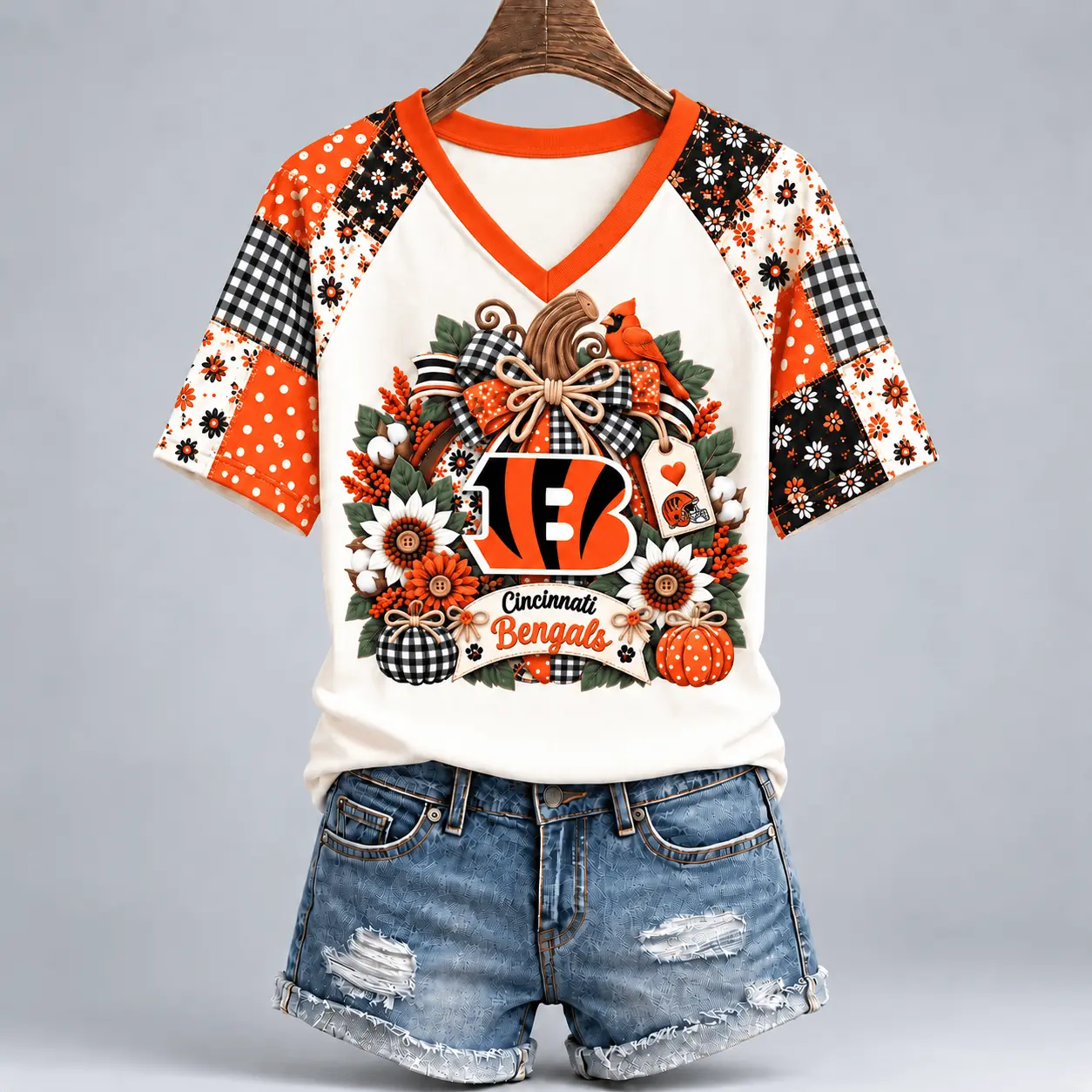 Cincinnati Bengals | Premium NFL Rustic Floral Bow & Pumpkin V-Neck TD