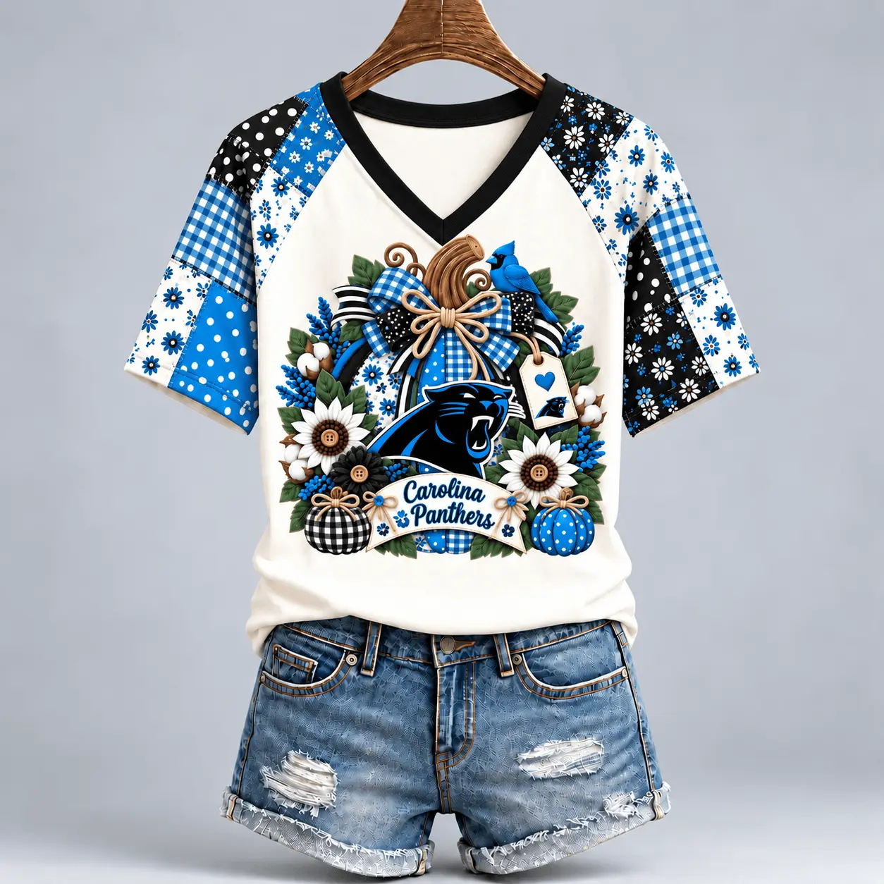 Carolina Panthers | Premium NFL Rustic Floral Bow & Pumpkin V-Neck TD