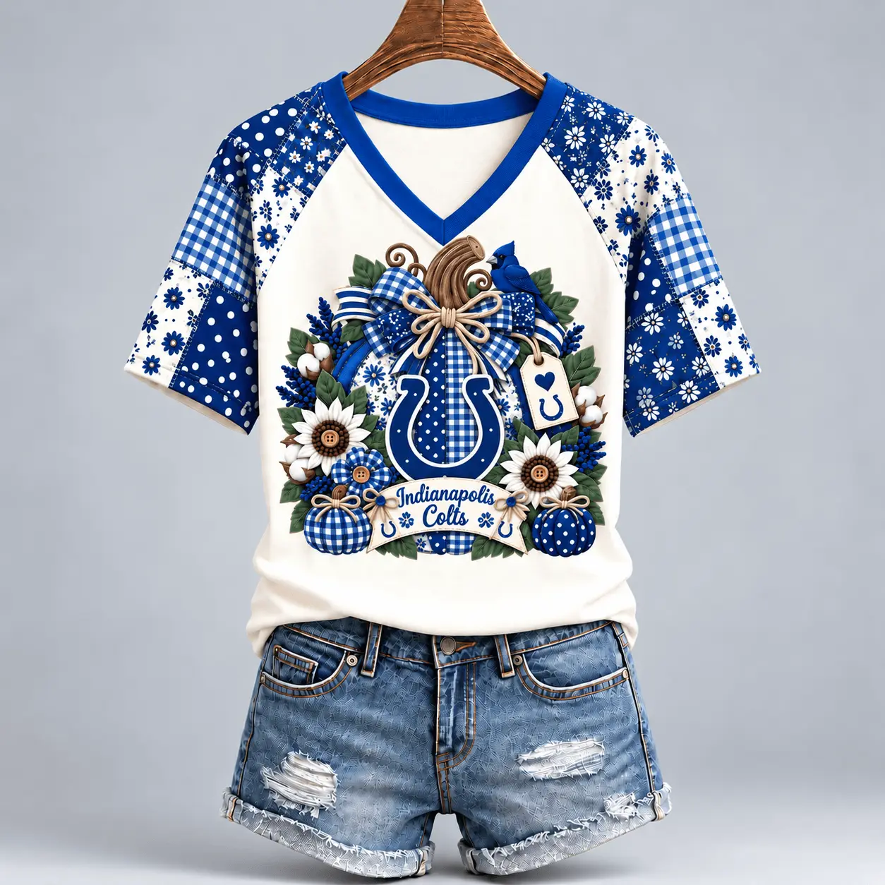Indianapolis Colts | Premium NFL Rustic Floral Bow & Pumpkin V-Neck TD