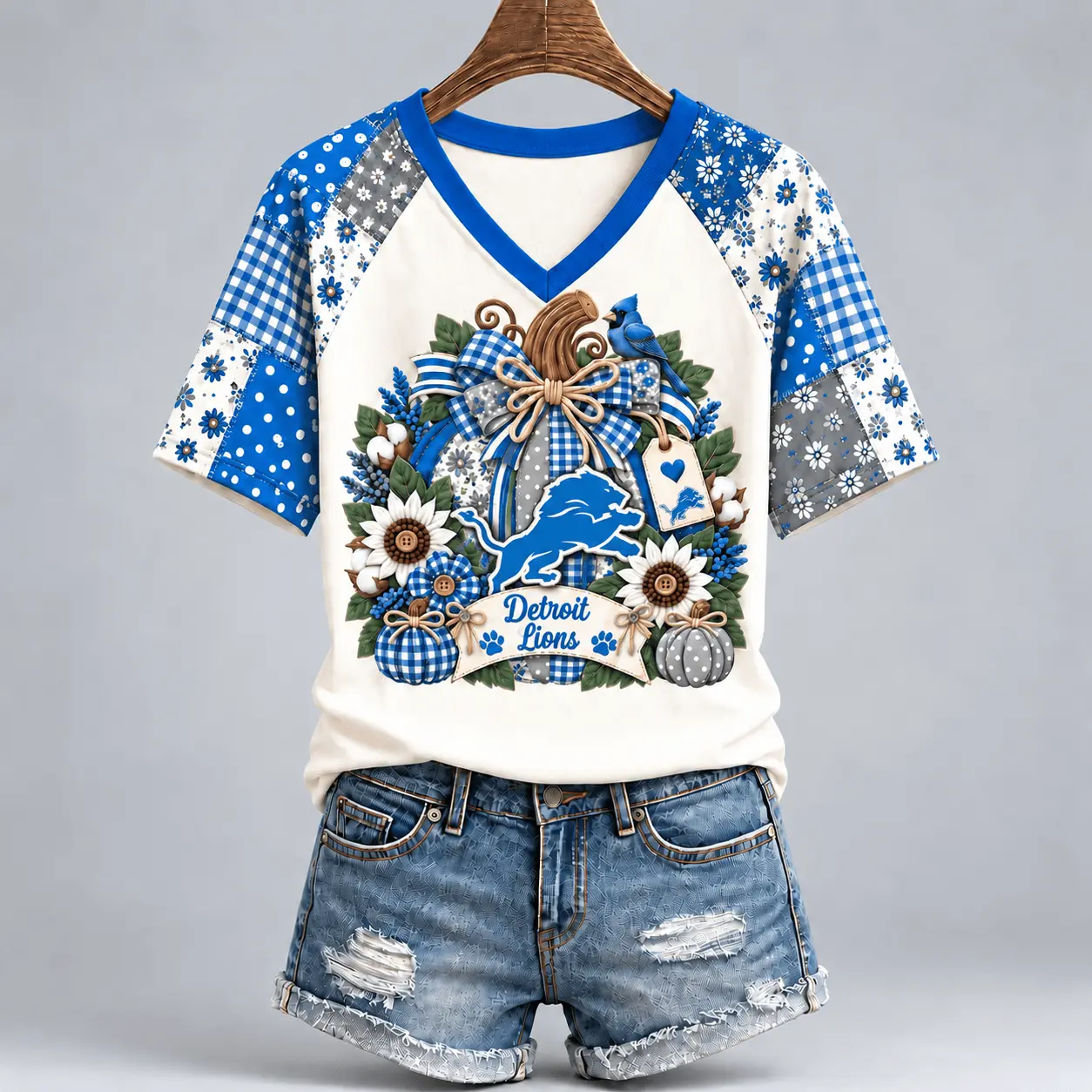 Detroit Lions | Premium NFL Rustic Floral Bow & Pumpkin V-Neck TD