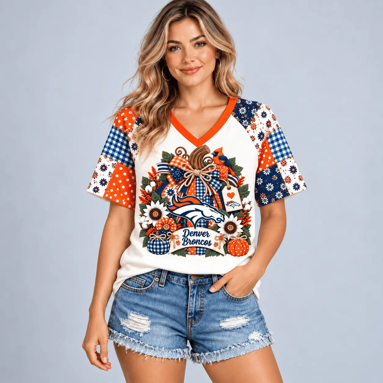 Denver Broncos | Premium NFL Rustic Floral Bow & Pumpkin V-Neck TD - Image 2