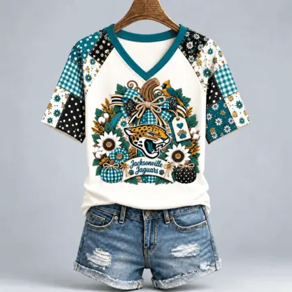 Jacksonville Jaguars | Premium NFL Rustic Floral Bow & Pumpkin V-Neck TD