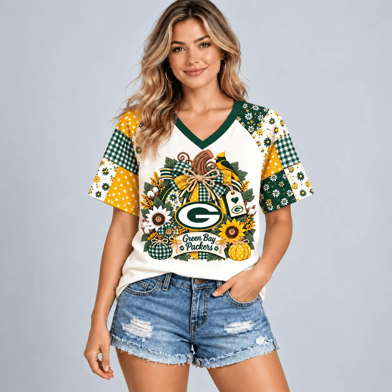 Green Bay Packers | Premium NFL Rustic Floral Bow & Pumpkin V-Neck TD - Image 2