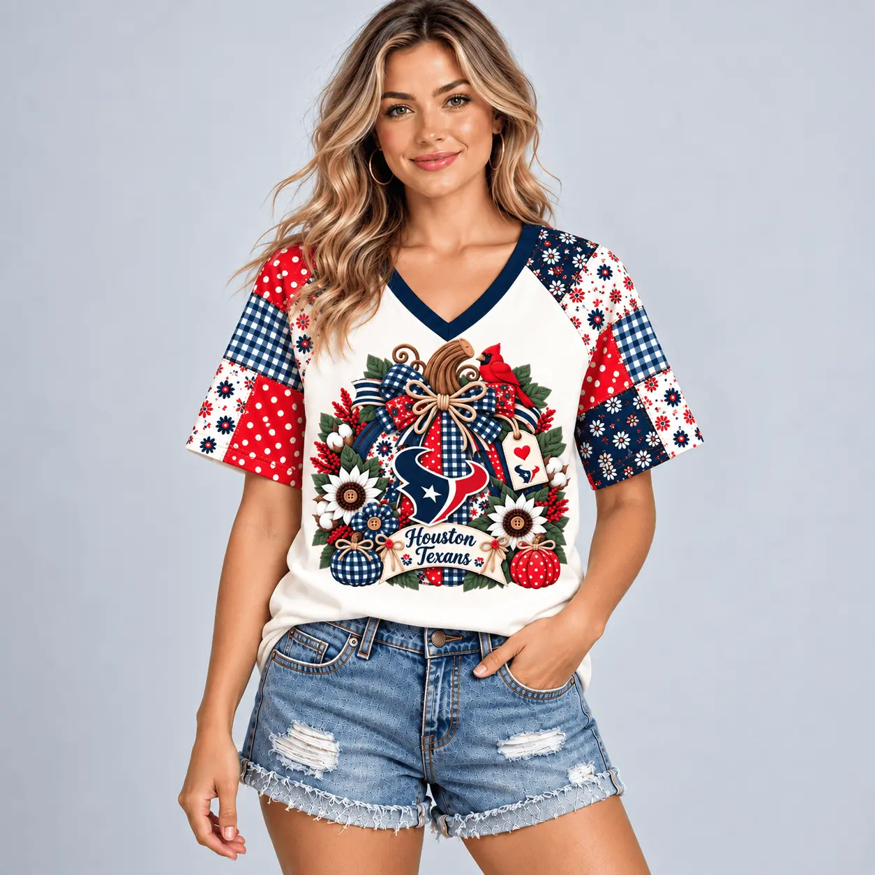 Houston Texans | Premium NFL Rustic Floral Bow & Pumpkin V-Neck TD - Image 2