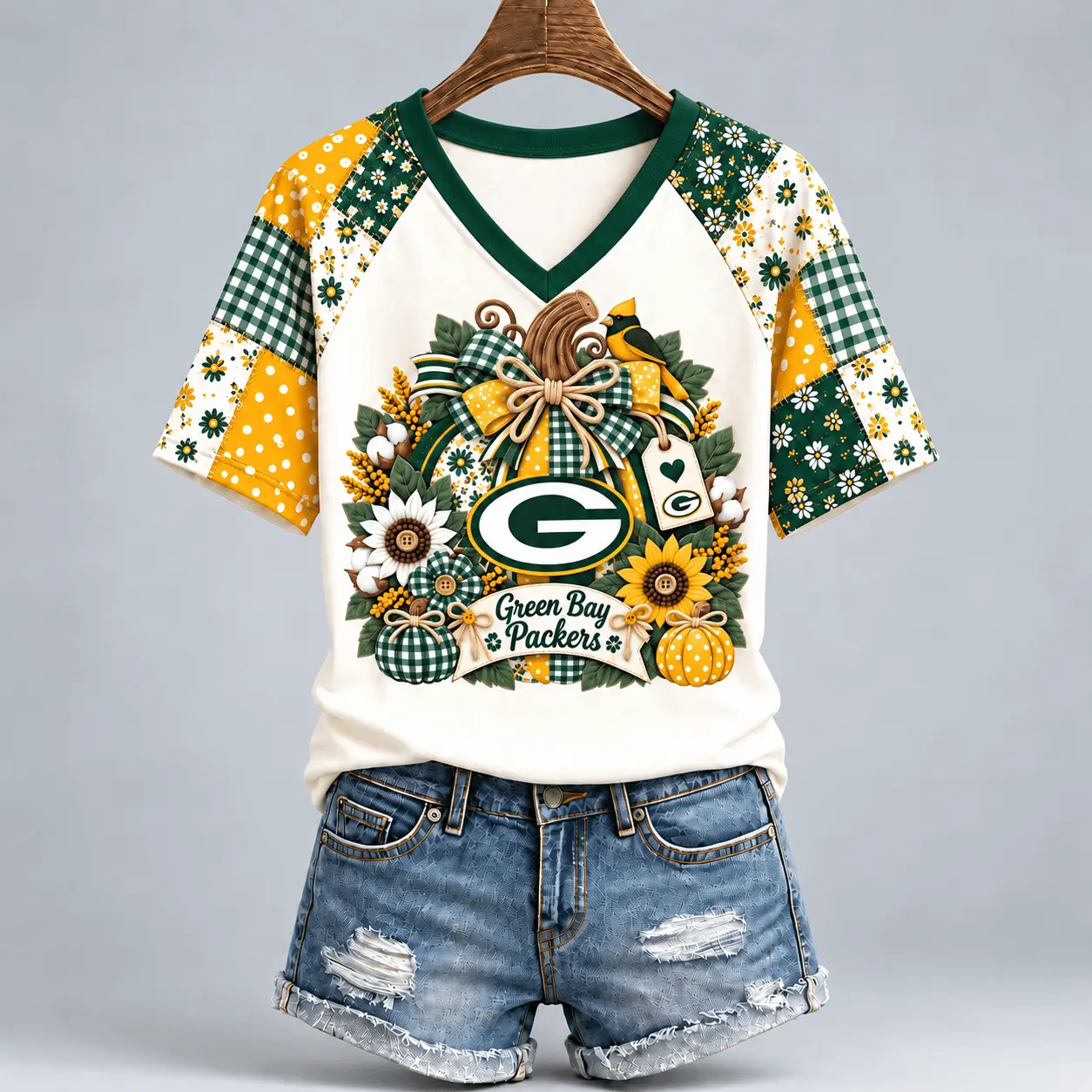 Green Bay Packers | Premium NFL Rustic Floral Bow & Pumpkin V-Neck TD