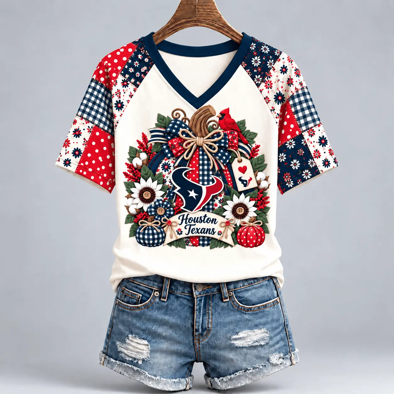 Houston Texans | Premium NFL Rustic Floral Bow & Pumpkin V-Neck TD