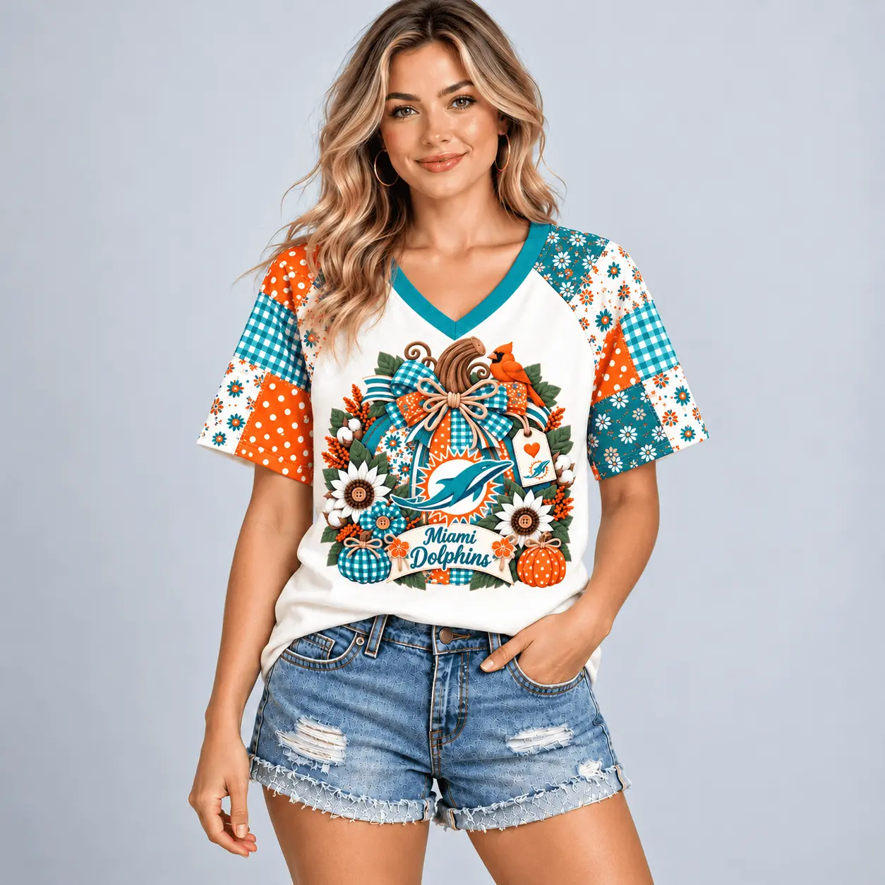 Miami Dolphins | Premium NFL Rustic Floral Bow & Pumpkin V-Neck TD - Image 2
