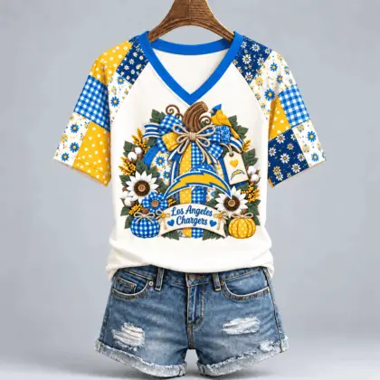 Los Angeles Chargers | Premium NFL Rustic Floral Bow & Pumpkin V-Neck TD