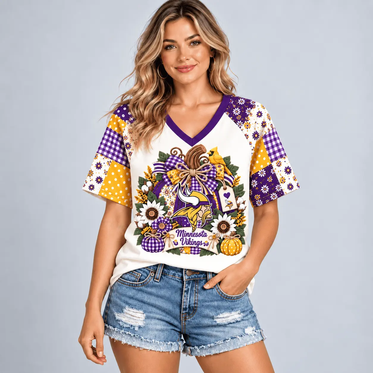 Minnesota Vikings | Premium NFL Rustic Floral Bow & Pumpkin V-Neck TD - Image 2